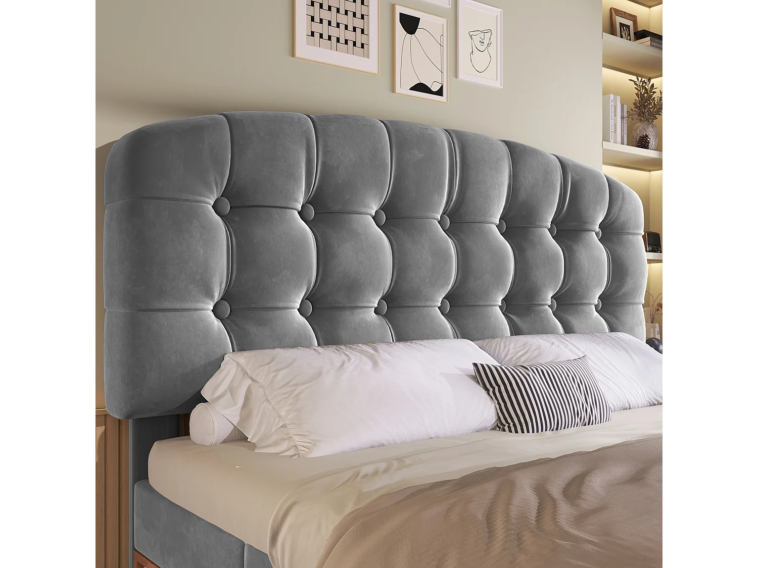Lit adulte 140x200 cm avec tiroirs et rangements, tête de lit réglable, en velours, gris, sans matelas