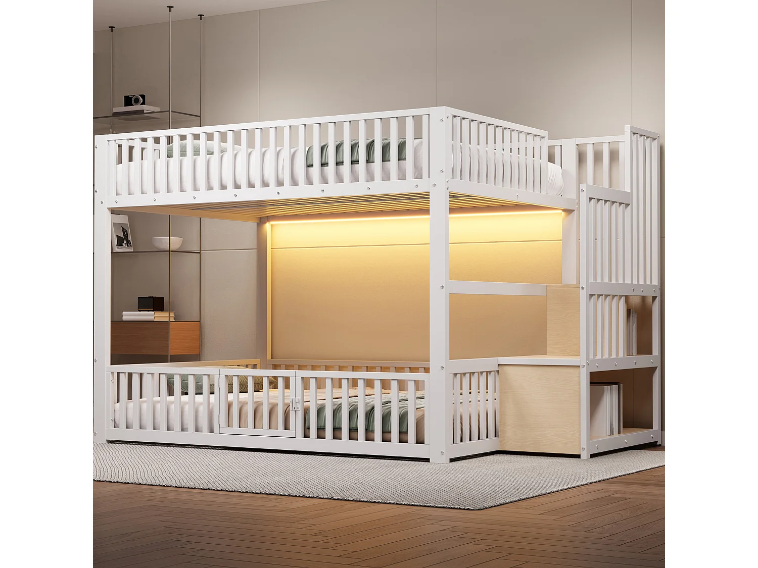 Litera de 140x200 cm con LED y escalera con almacenamiento, en metal, blanca, colchón no incluido