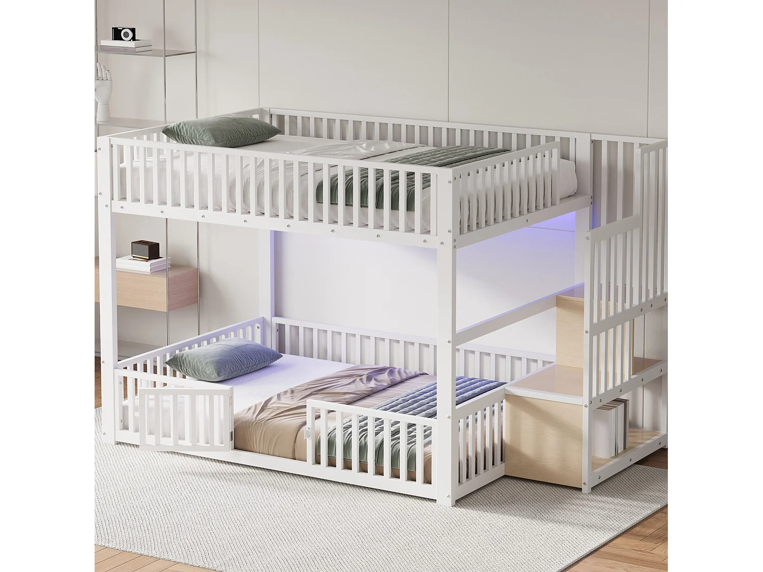 Litera de 140x200 cm con LED y escalera con almacenamiento, en metal, blanca, colchón no incluido