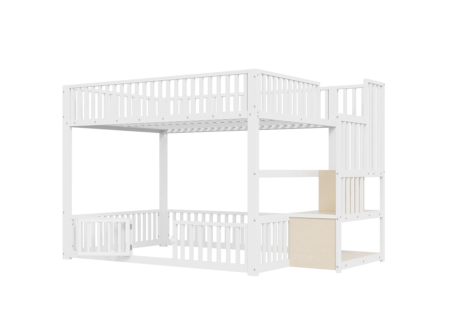 Litera de 140x200 cm con LED y escalera con almacenamiento, en metal, blanca, colchón no incluido