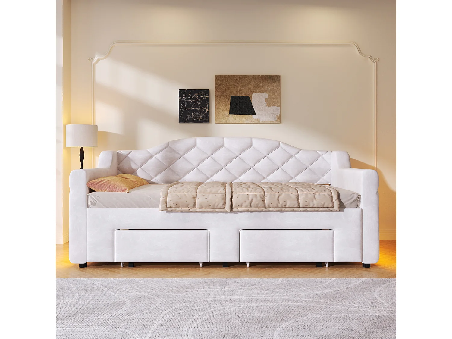 Letto estraibile 90x200 cm con 2 cassetti e illuminazione LED, rivestito in tessuto bianco, materasso non incluso
