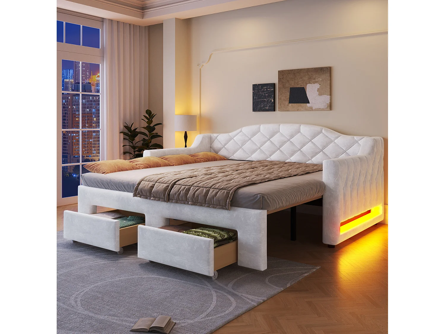 Letto estraibile 90x200 cm con 2 cassetti e illuminazione LED, rivestito in tessuto bianco, materasso non incluso
