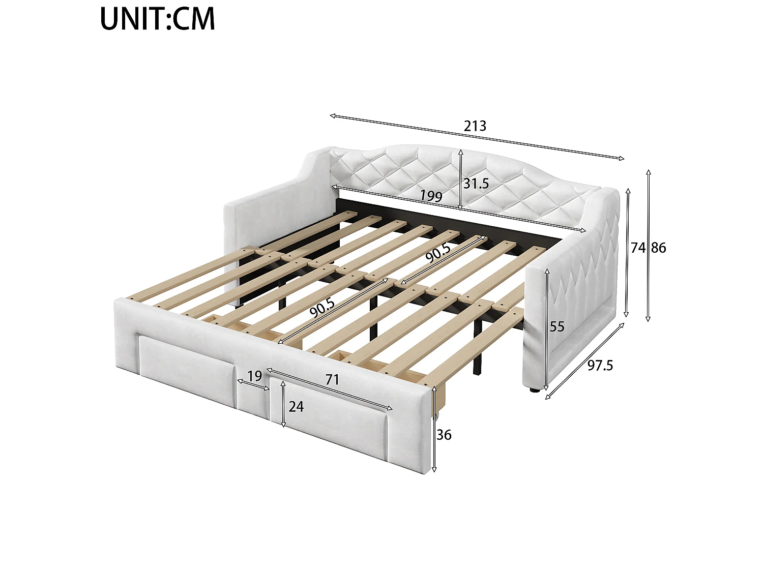 Letto estraibile 90x200 cm con 2 cassetti e illuminazione LED, rivestito in tessuto bianco, materasso non incluso