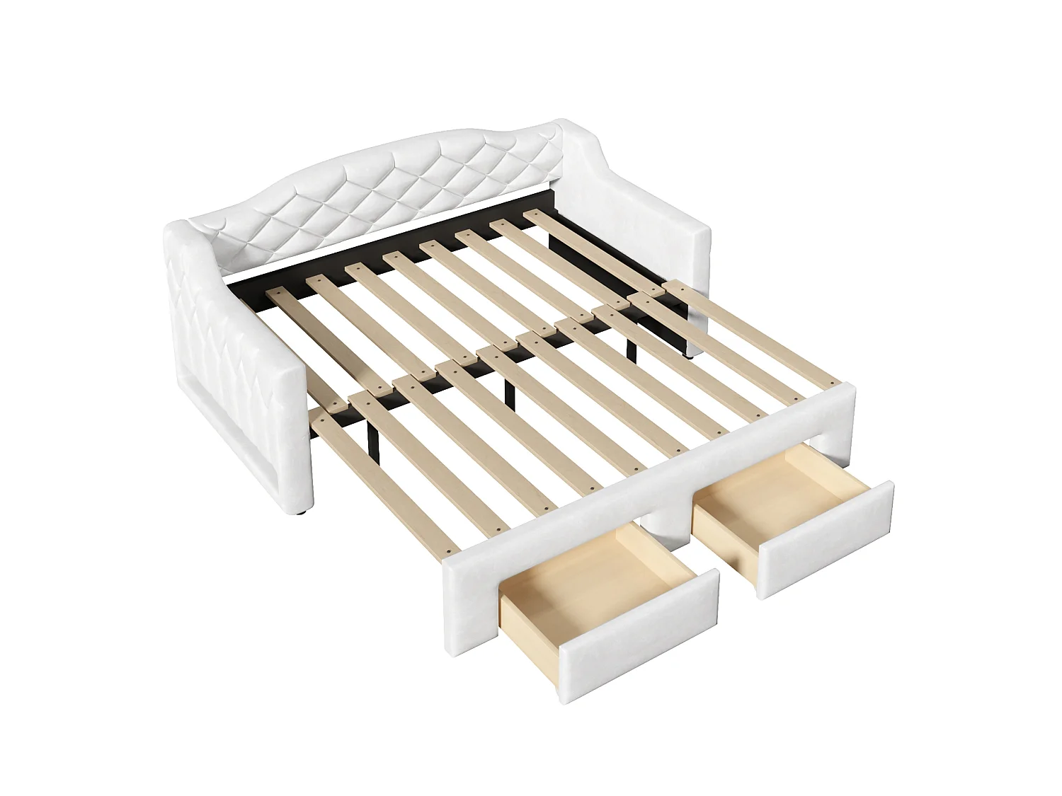 Letto estraibile 90x200 cm con 2 cassetti e illuminazione LED, rivestito in tessuto bianco, materasso non incluso