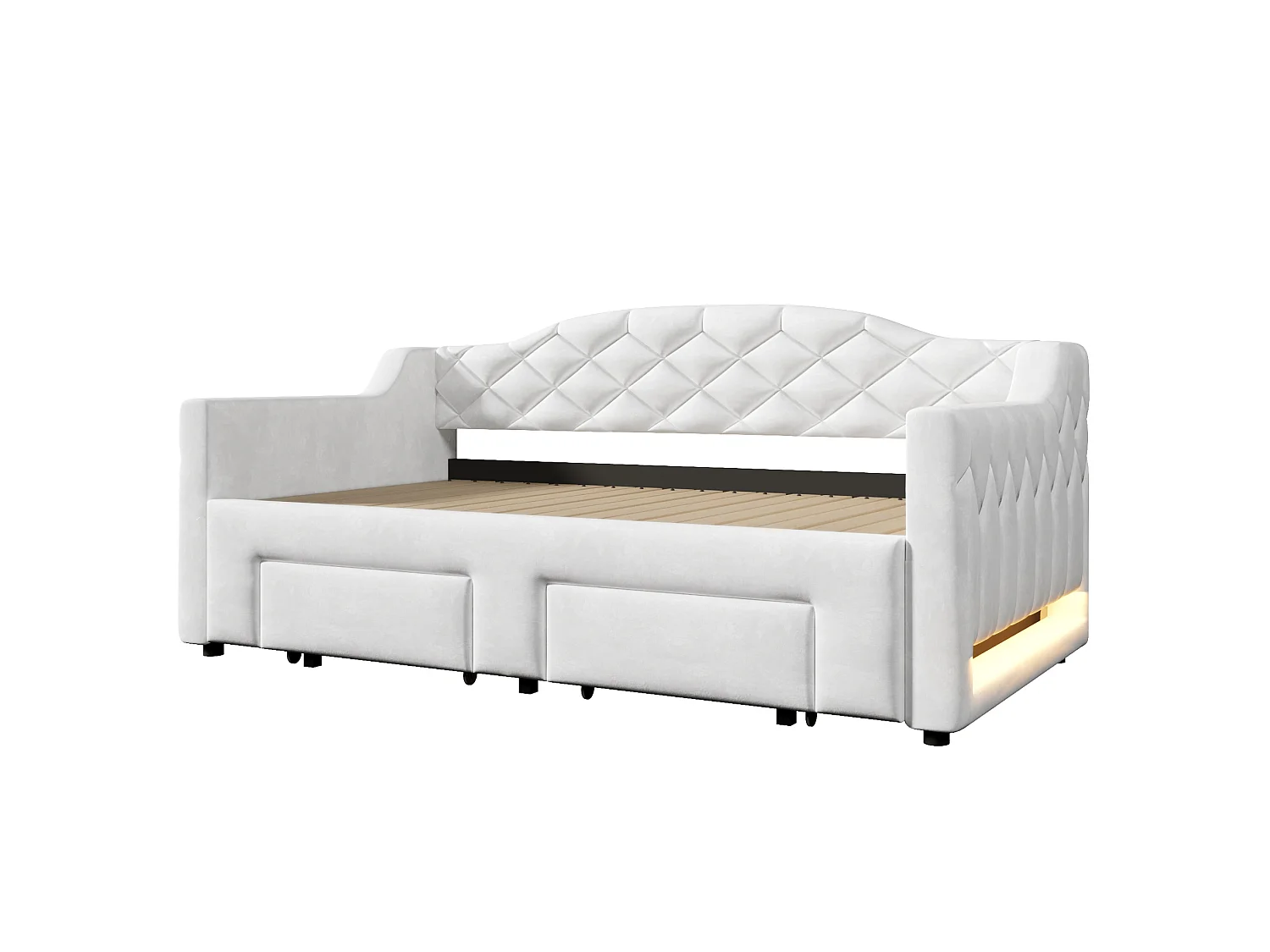 Letto estraibile 90x200 cm con 2 cassetti e illuminazione LED, rivestito in tessuto bianco, materasso non incluso