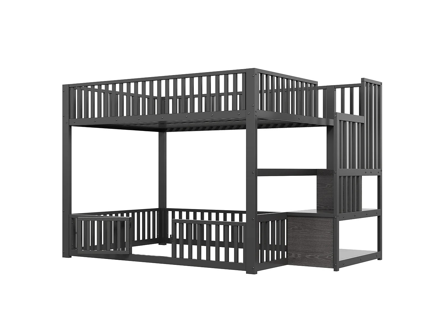 Litera de 140x200 cm con LED y escalera con almacenamiento, en metal, negra, colchón no incluido