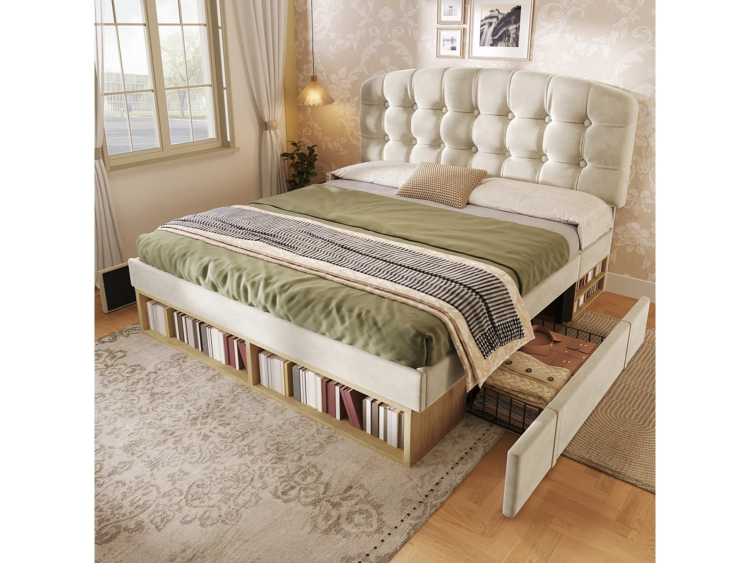 Lit adulte 140x200 cm avec tiroirs de rangement, tête de lit réglable, en velours, beige, sans matelas