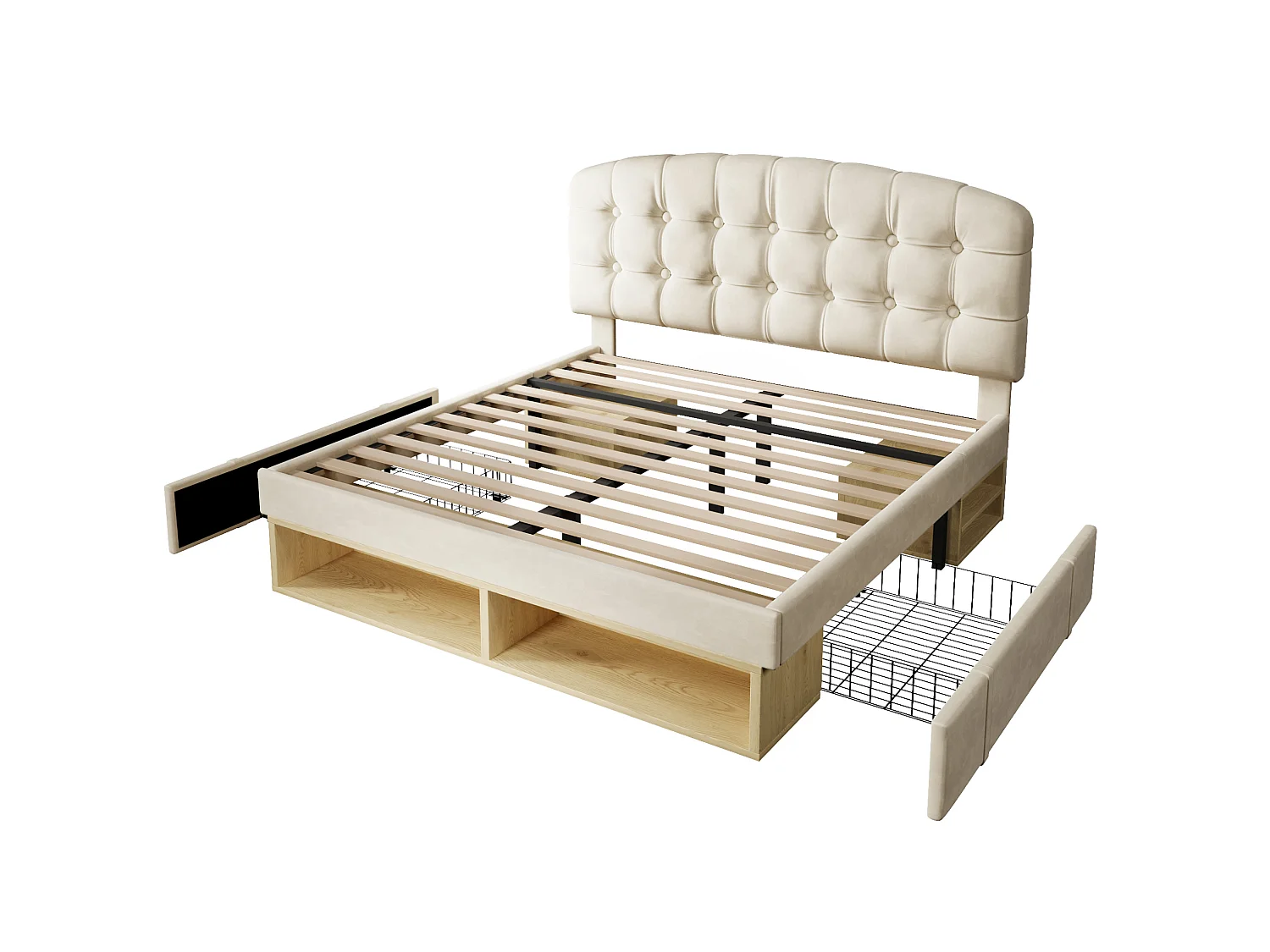 Lit adulte 140x200 cm avec tiroirs de rangement, tête de lit réglable, en velours, beige, sans matelas