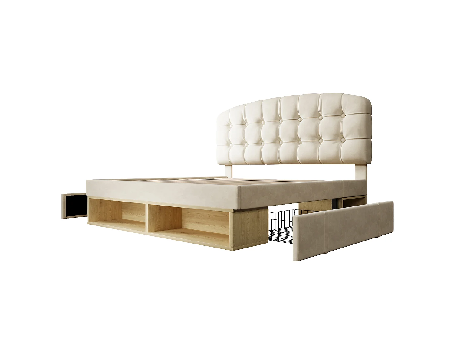 Lit adulte 140x200 cm avec tiroirs de rangement, tête de lit réglable, en velours, beige, sans matelas