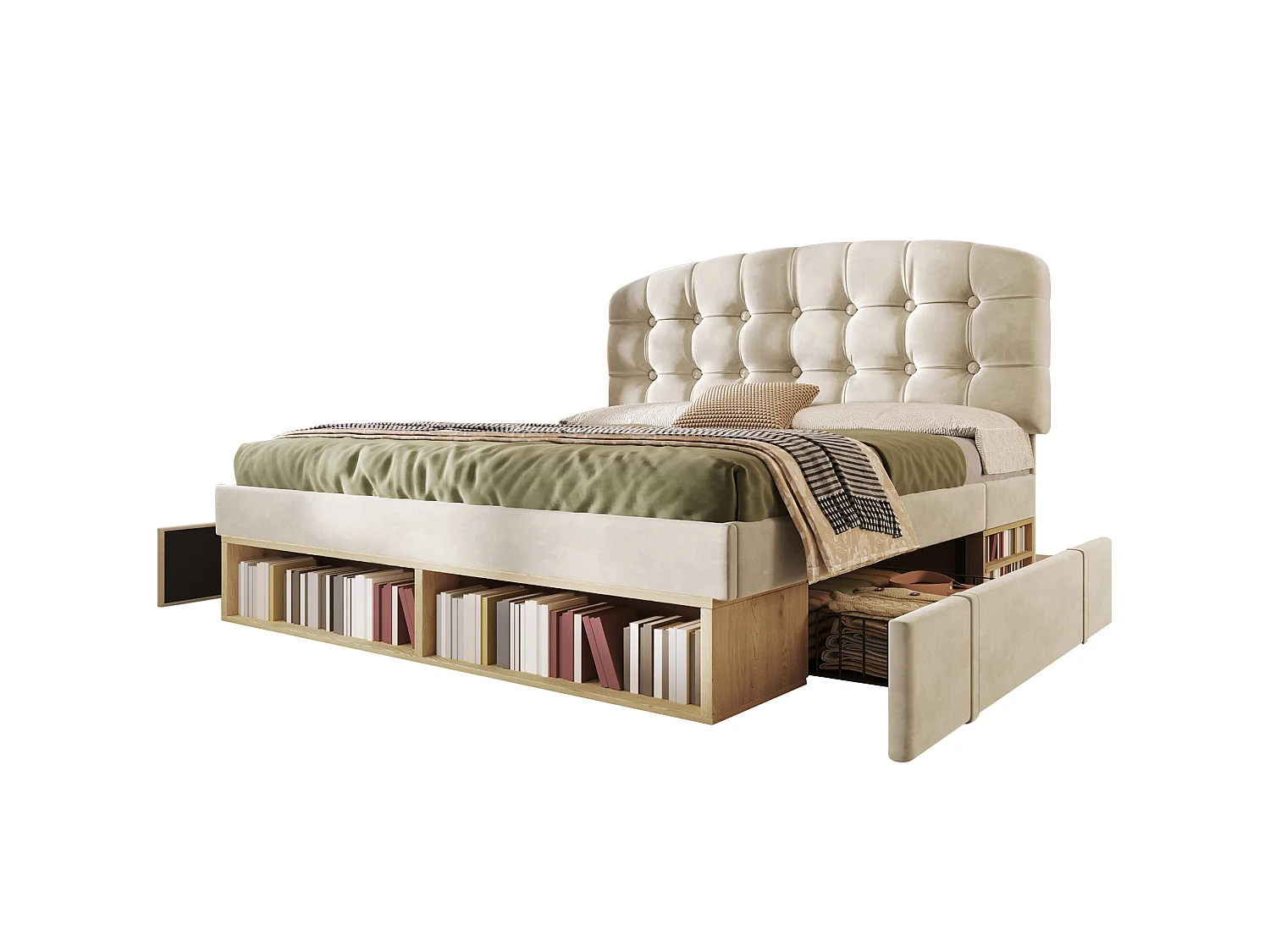 Lit adulte 140x200 cm avec tiroirs de rangement, tête de lit réglable, en velours, beige, sans matelas