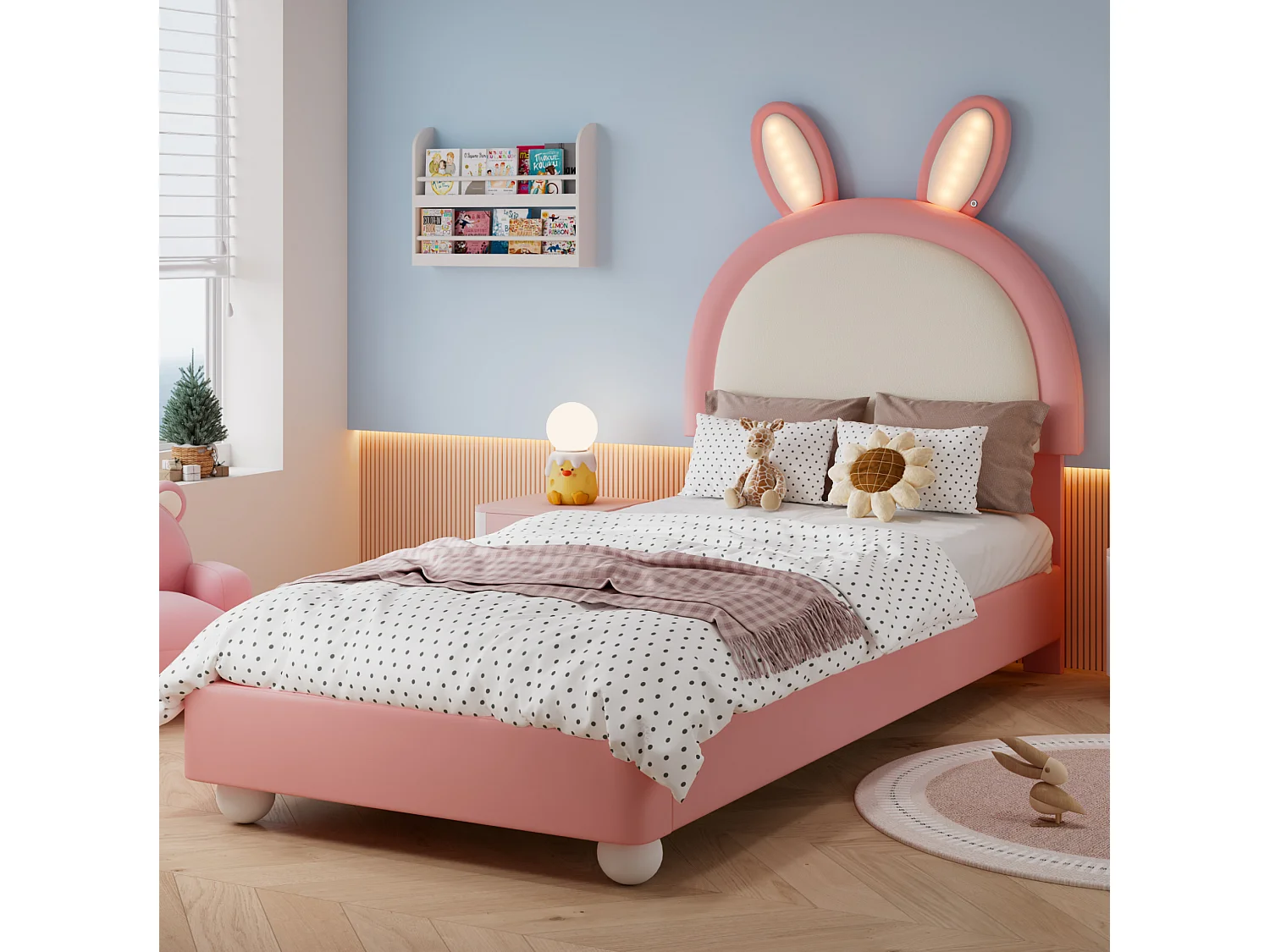 Letto per bambini 90x200 cm con testiera a forma di coniglio, LED, rivestimento in tessuto, colore rosa, materasso non incluso