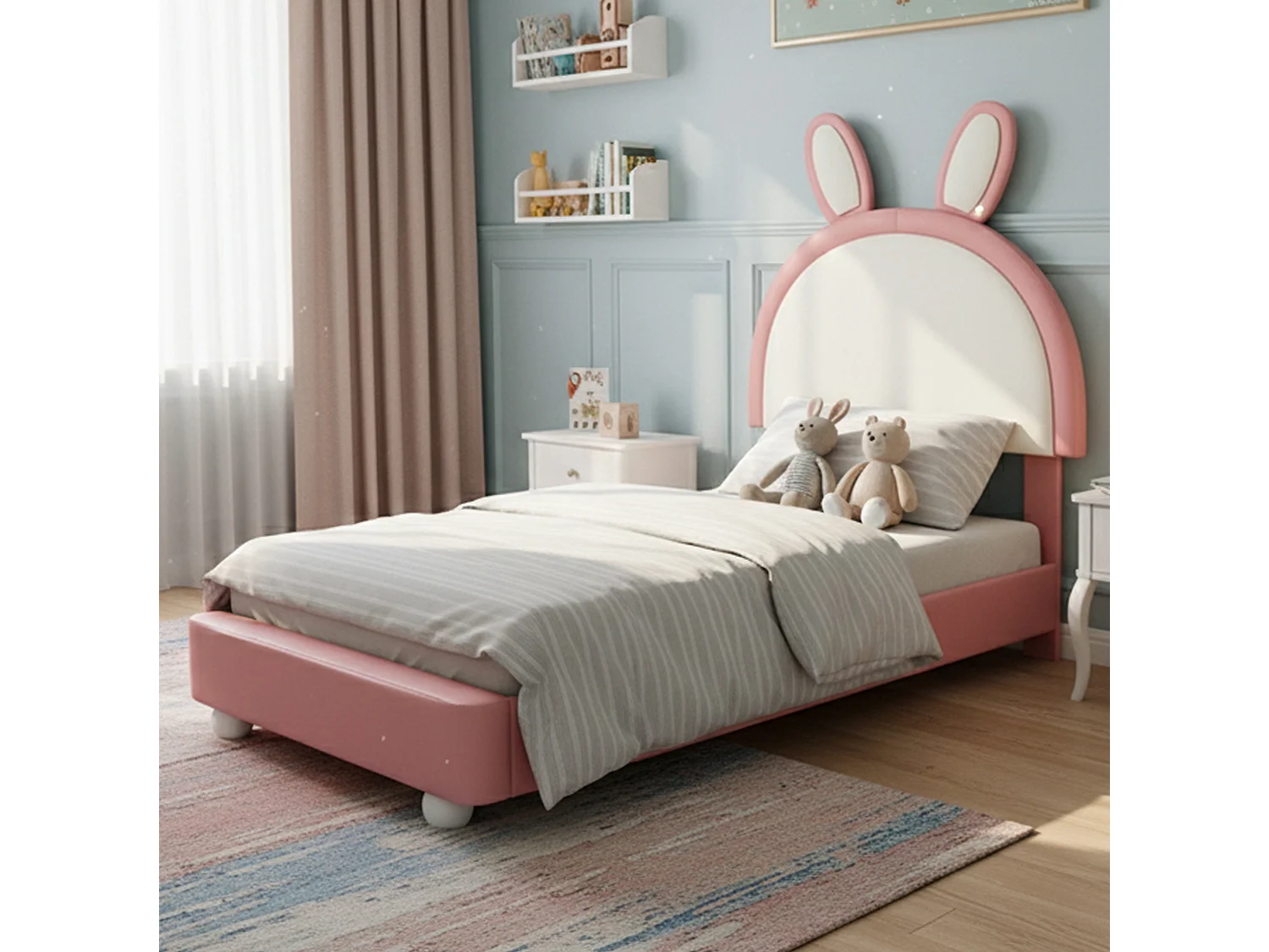 Letto per bambini 90x200 cm con testiera a forma di coniglio, LED, rivestimento in tessuto, colore rosa, materasso non incluso