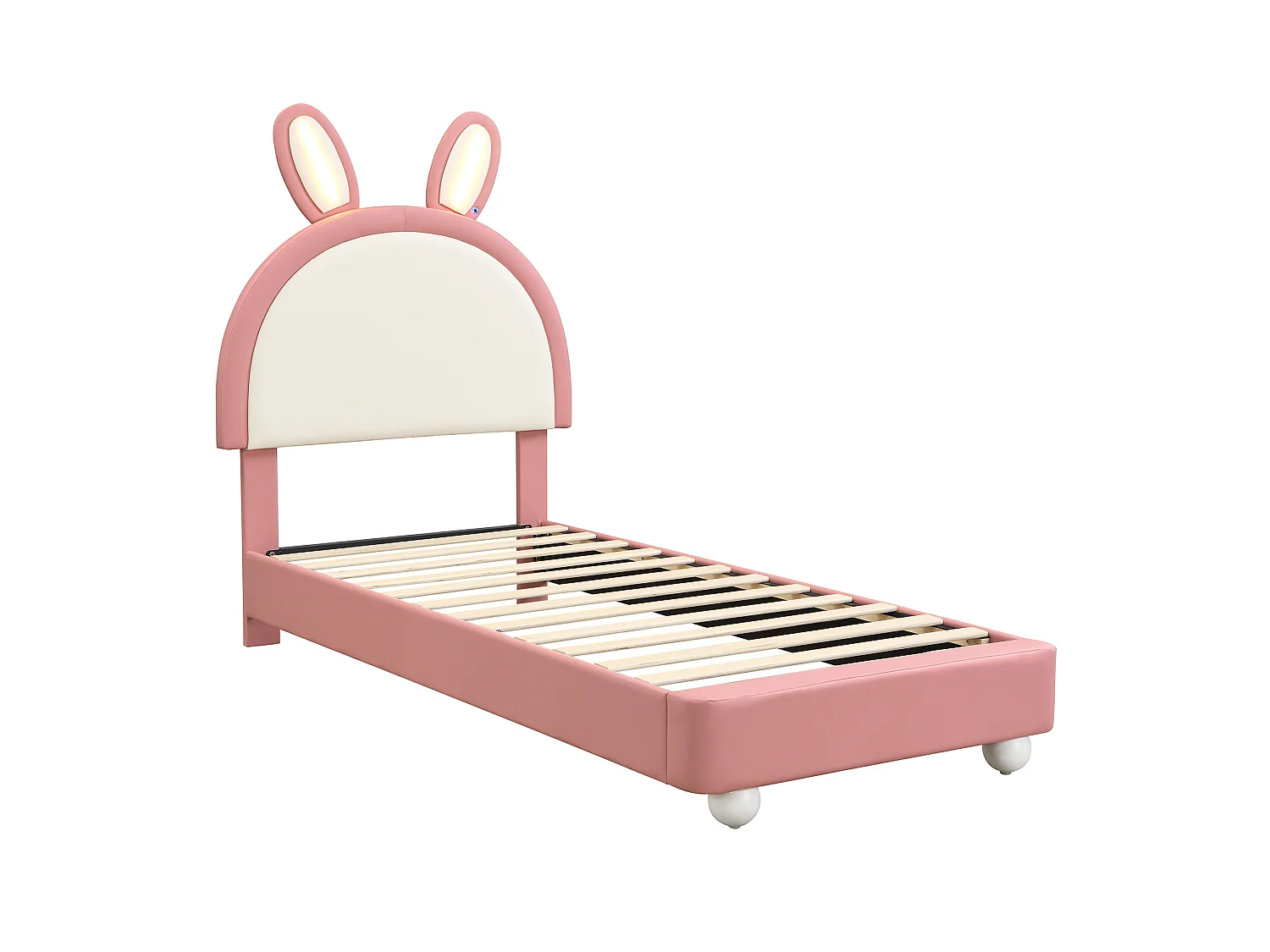 Letto per bambini 90x200 cm con testiera a forma di coniglio, LED, rivestimento in tessuto, colore rosa, materasso non incluso