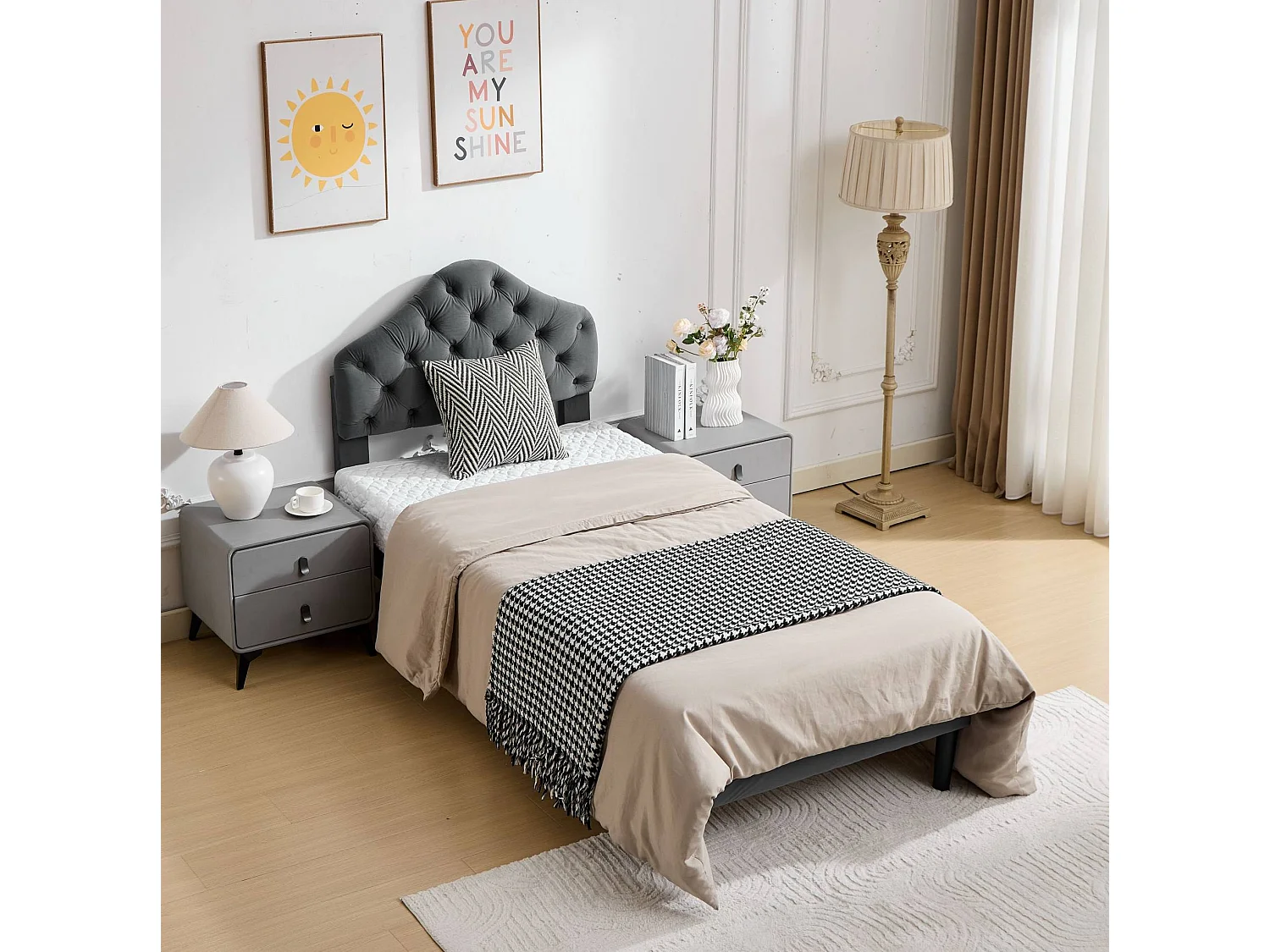 Lit simple 90x200 cm avec tête de lit réglable, support à lattes en bois, en tissu, gris, sans matelas