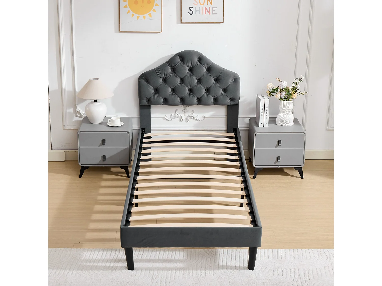 Lit simple 90x200 cm avec tête de lit réglable, support à lattes en bois, en tissu, gris, sans matelas