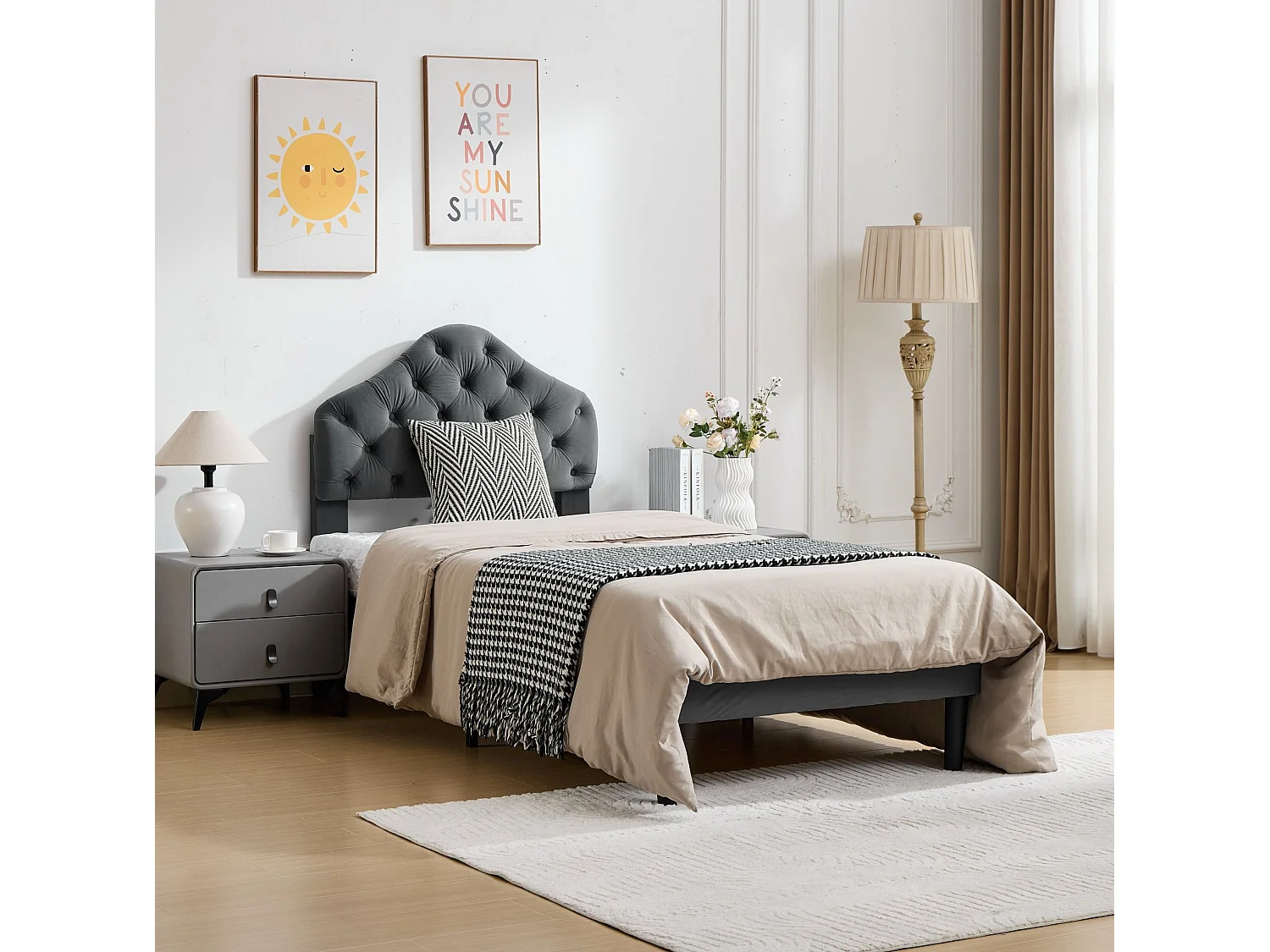 Lit simple 90x200 cm avec tête de lit réglable, support à lattes en bois, en tissu, gris, sans matelas