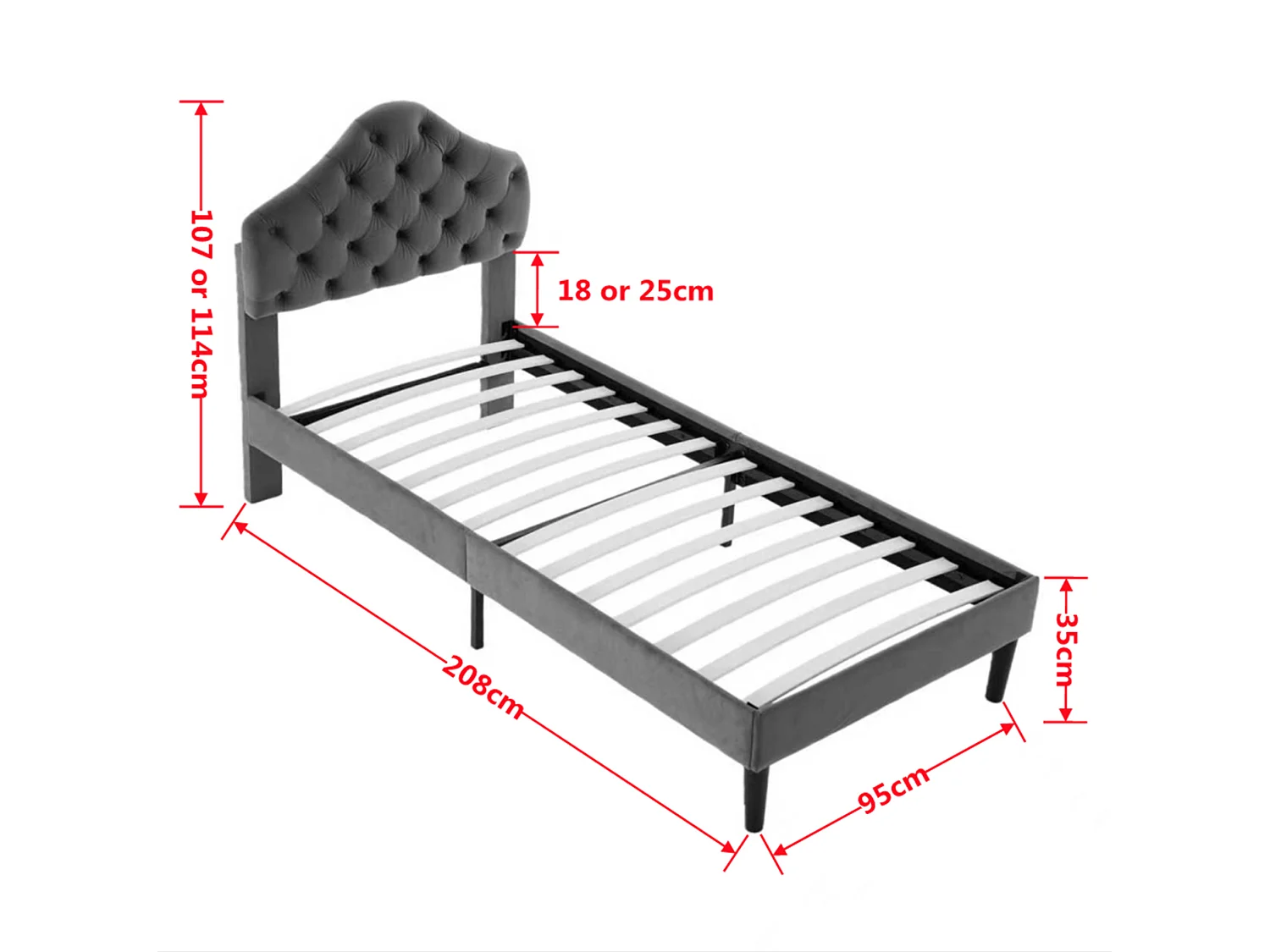 Lit simple 90x200 cm avec tête de lit réglable, support à lattes en bois, en tissu, gris, sans matelas