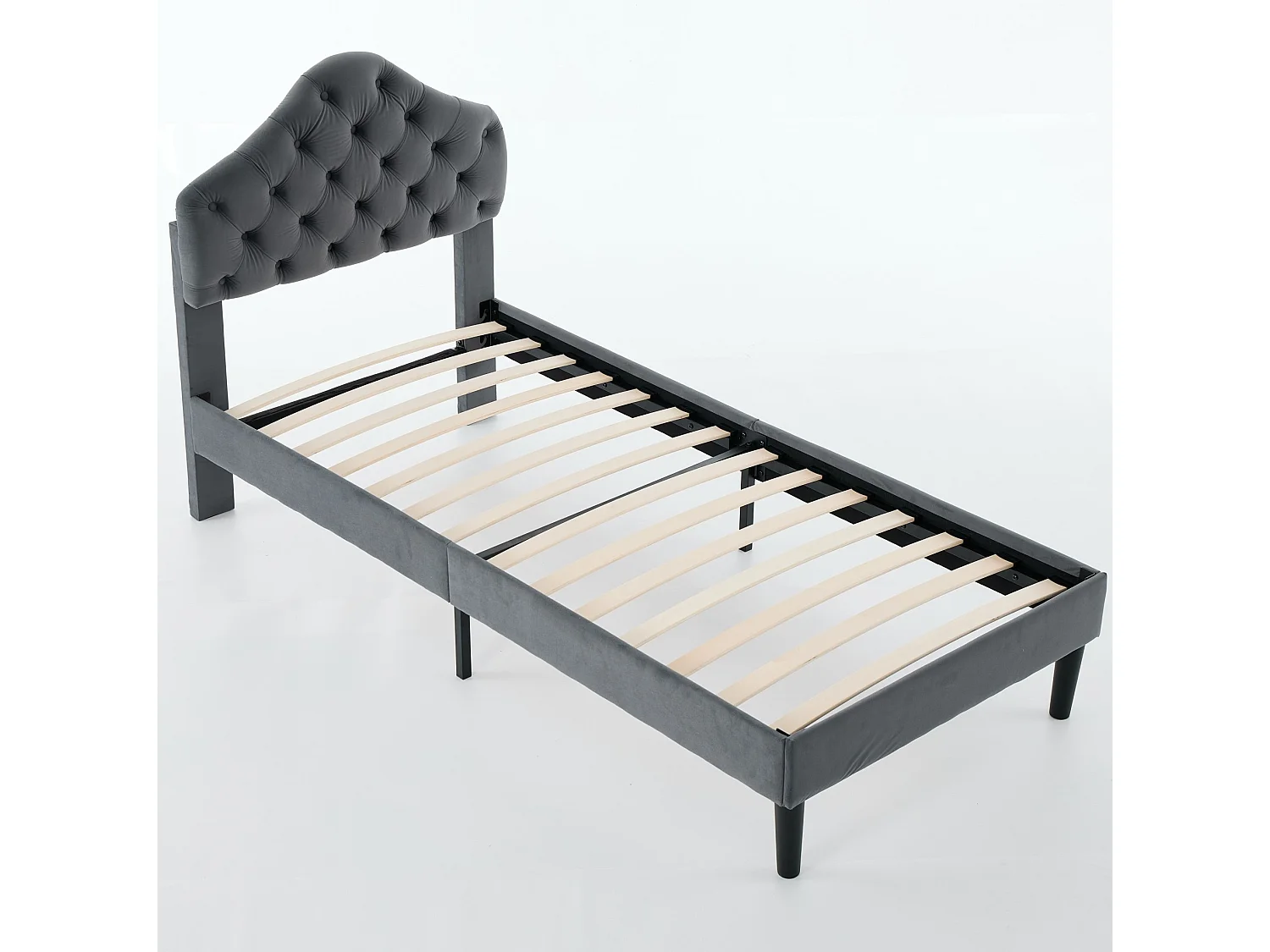Lit simple 90x200 cm avec tête de lit réglable, support à lattes en bois, en tissu, gris, sans matelas