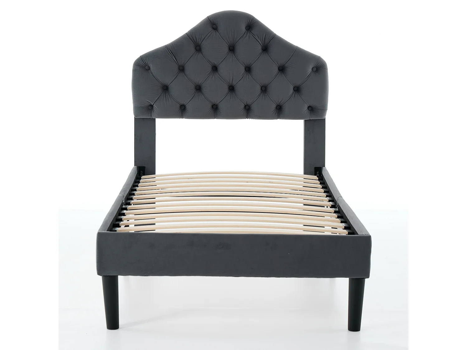 Lit simple 90x200 cm avec tête de lit réglable, support à lattes en bois, en tissu, gris, sans matelas