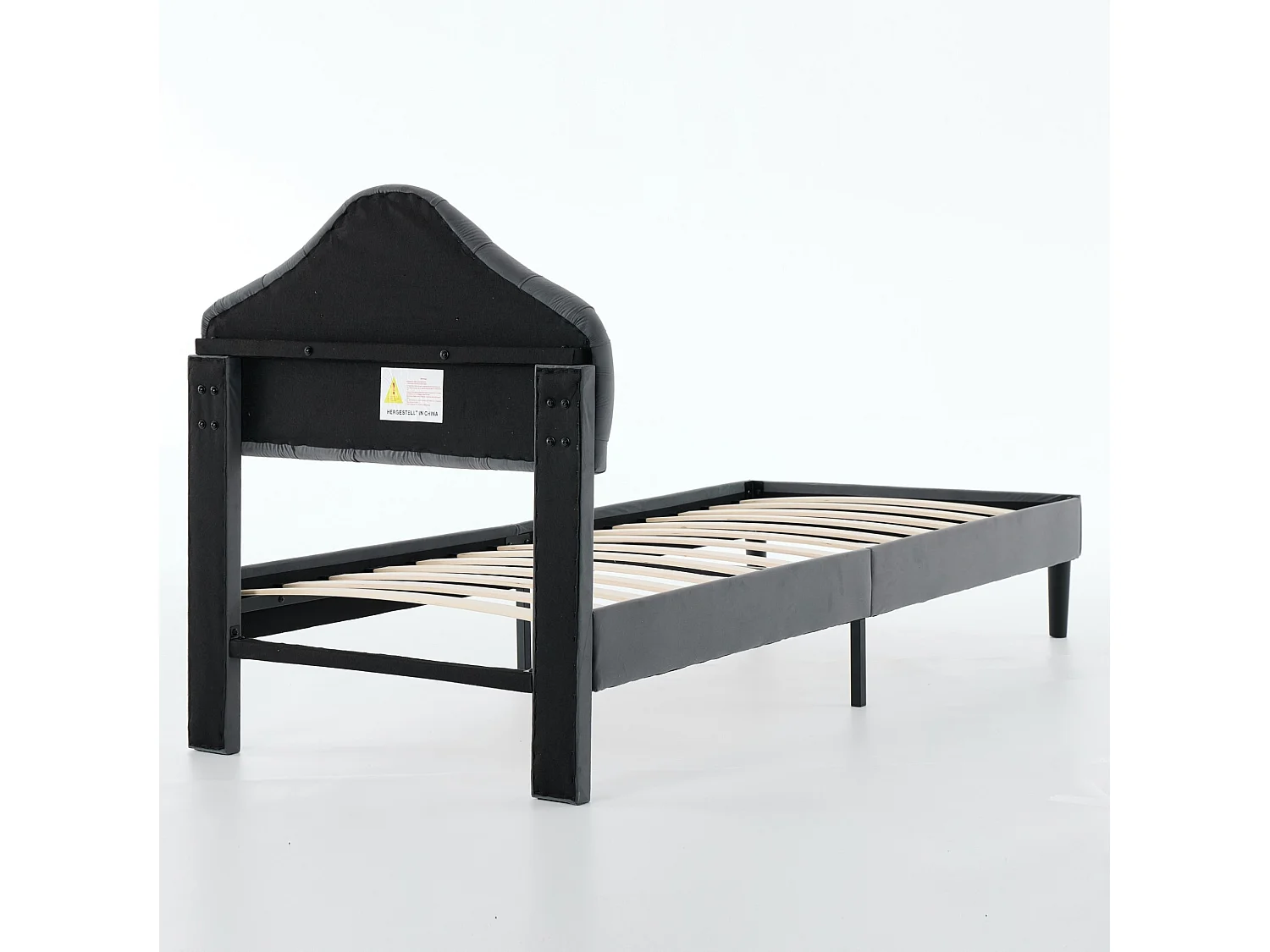 Lit simple 90x200 cm avec tête de lit réglable, support à lattes en bois, en tissu, gris, sans matelas