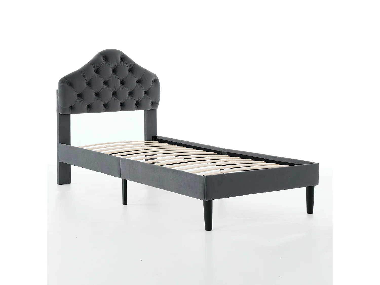Lit simple 90x200 cm avec tête de lit réglable, support à lattes en bois, en tissu, gris, sans matelas