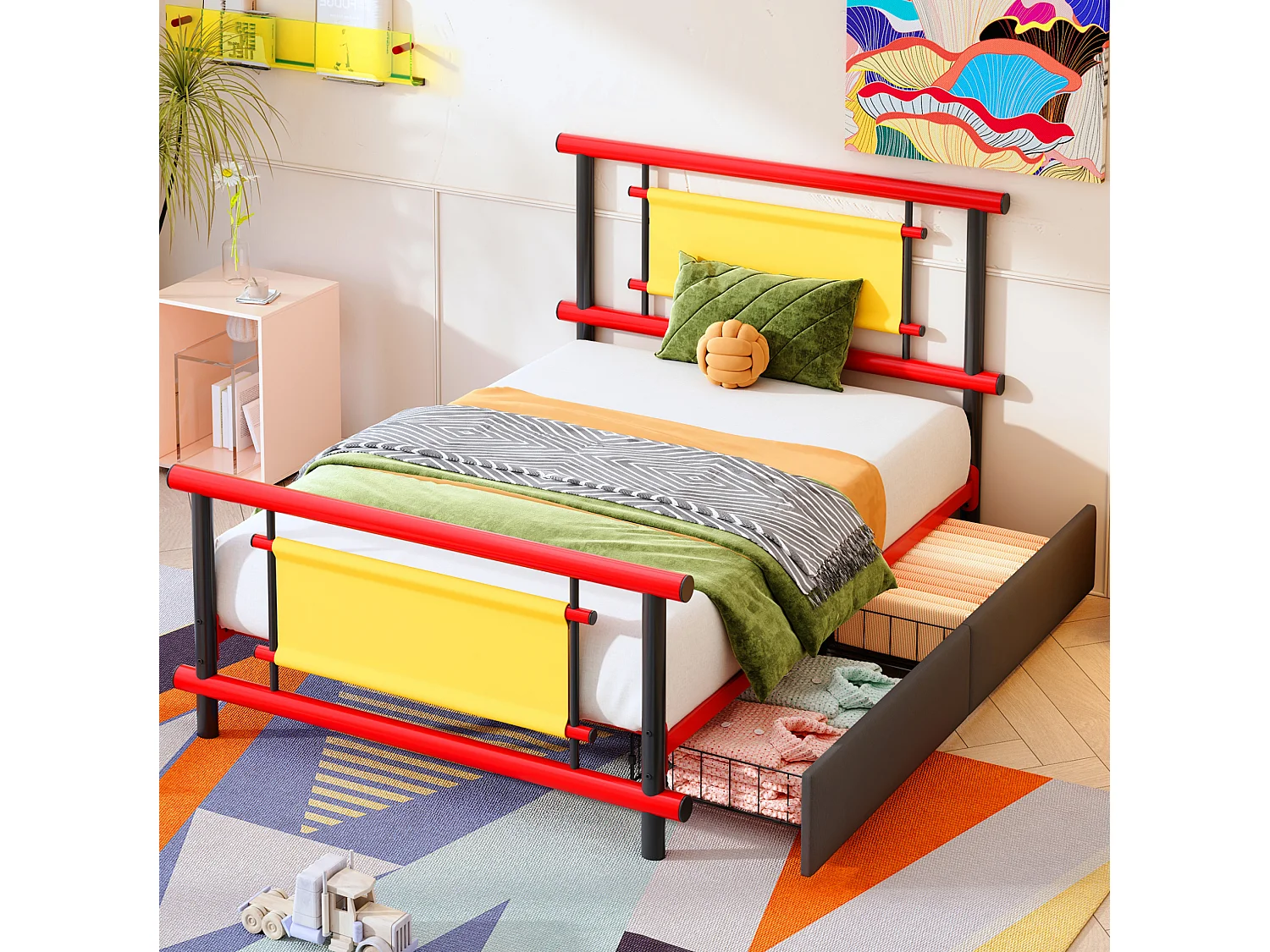 Lit enfant 90x200 cm avec tiroirs, structure stable, en métal, rouge, sans matelas