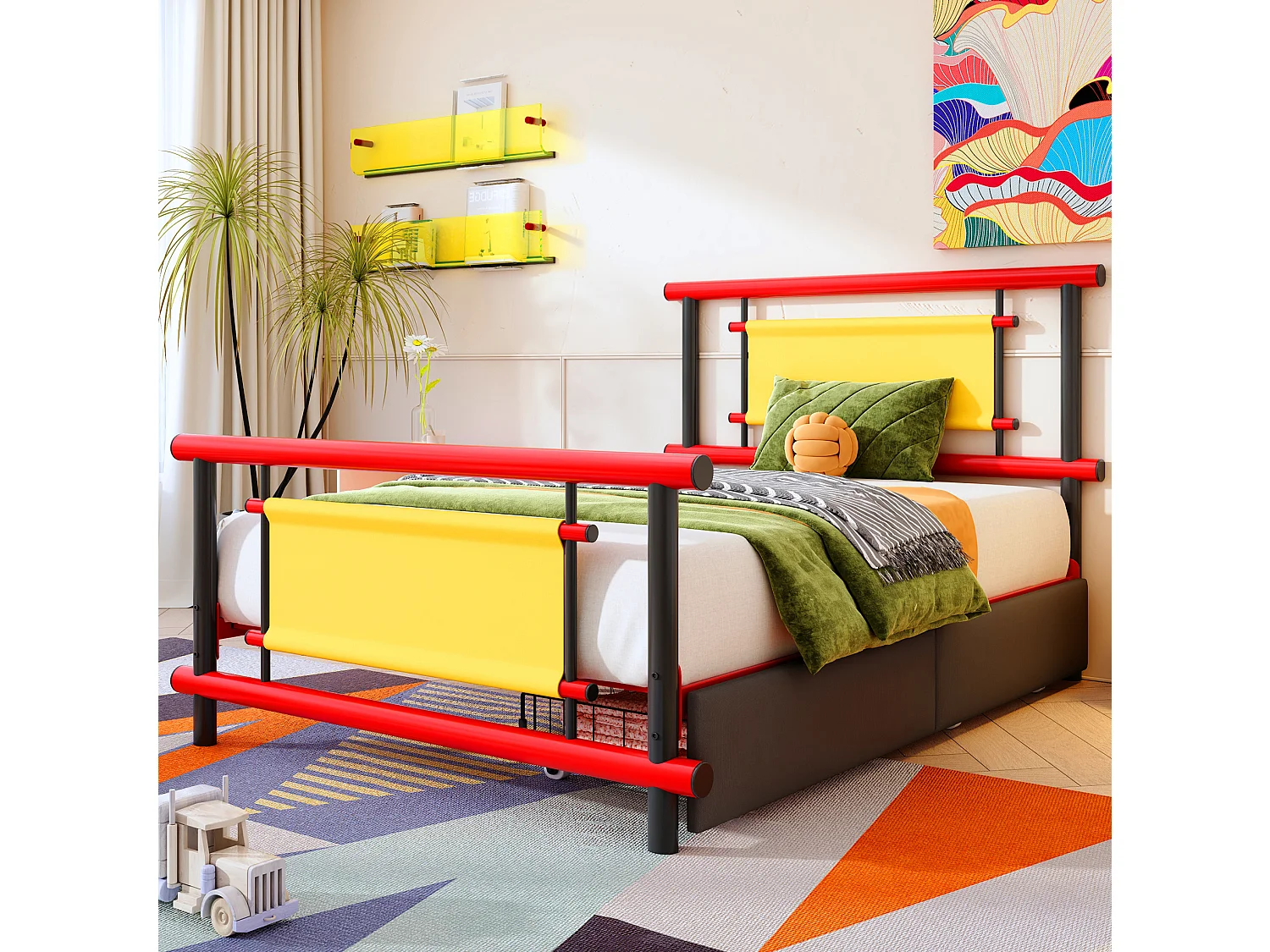 Lit enfant 90x200 cm avec tiroirs, structure stable, en métal, rouge, sans matelas