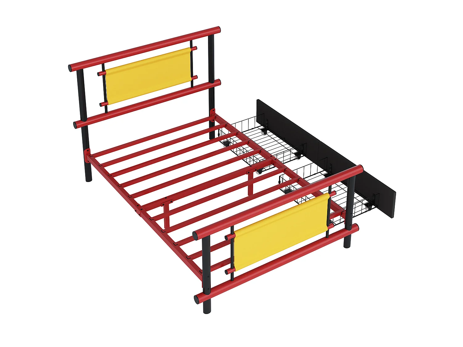 Lit enfant 90x200 cm avec tiroirs, structure stable, en métal, rouge, sans matelas
