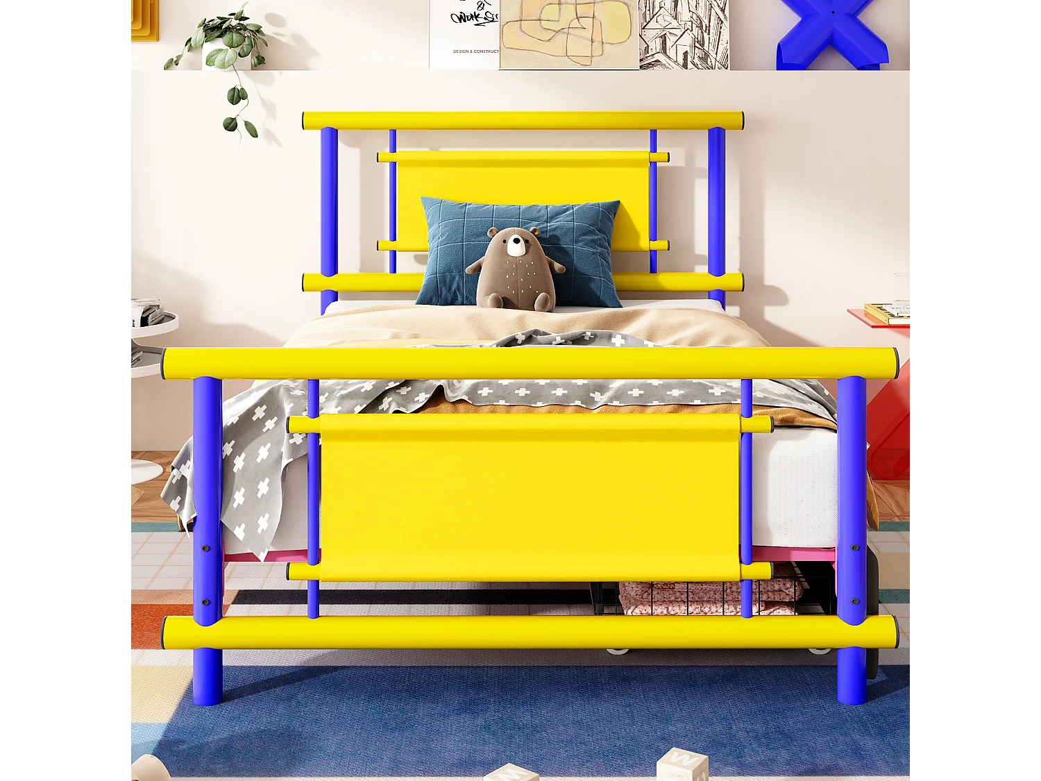Lit enfant 90x200 cm avec tiroirs, structure stable, en métal, bleu, sans matelas
