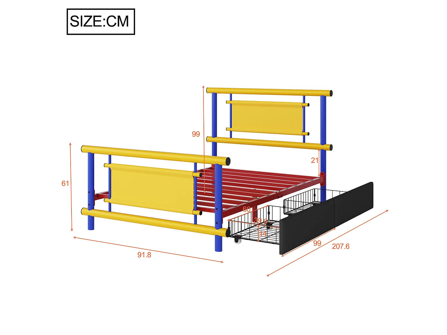 Lit enfant 90x200 cm avec tiroirs, structure stable, en métal, bleu, sans matelas