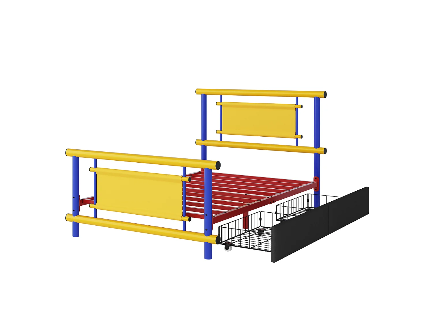 Lit enfant 90x200 cm avec tiroirs, structure stable, en métal, bleu, sans matelas