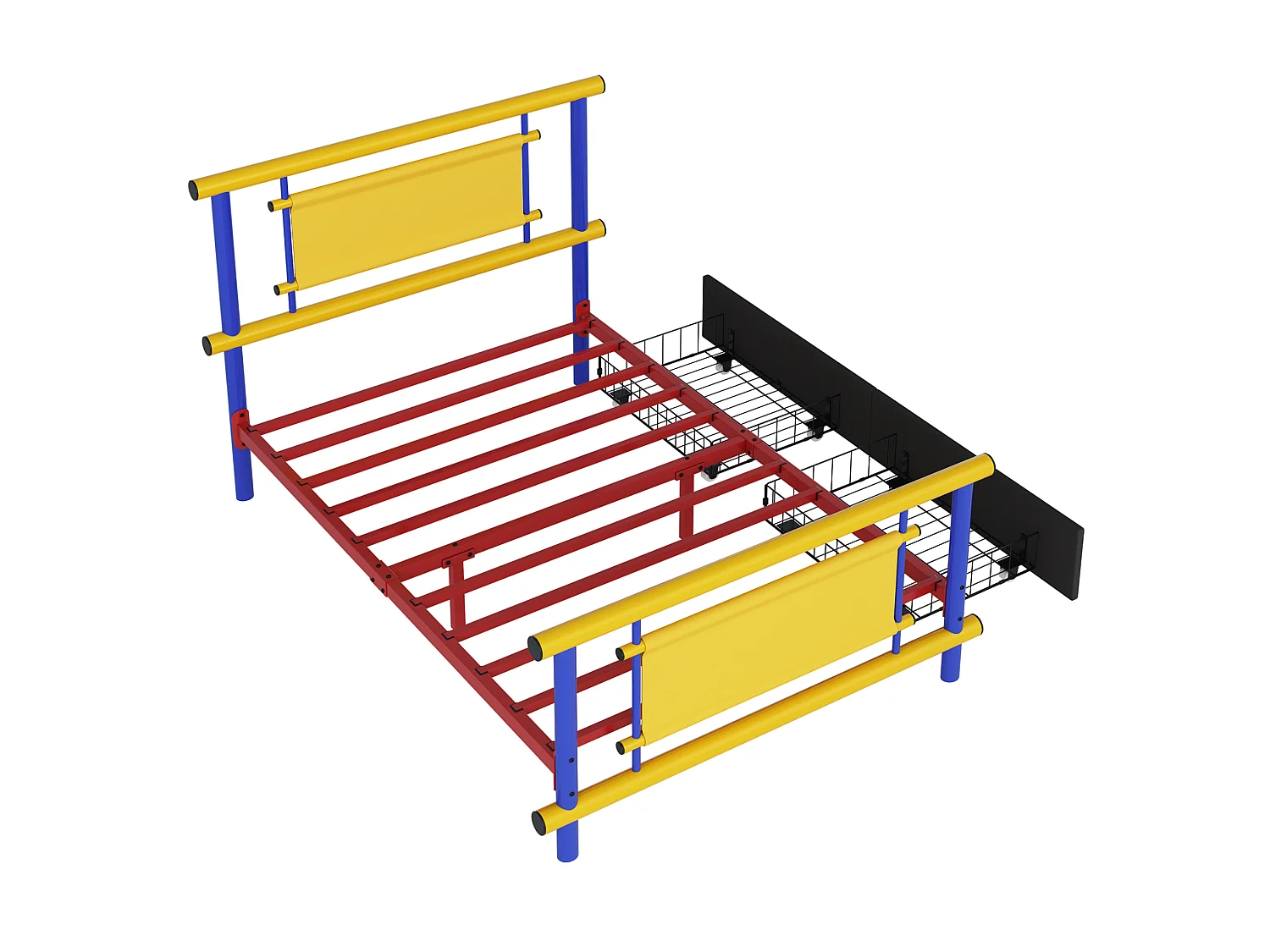 Lit enfant 90x200 cm avec tiroirs, structure stable, en métal, bleu, sans matelas