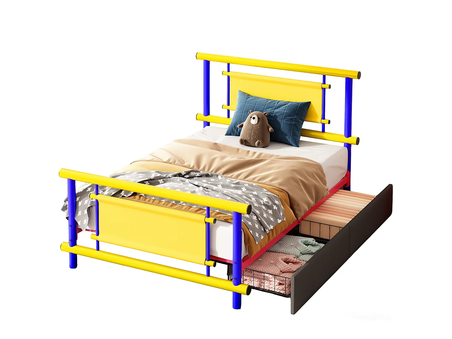 Lit enfant 90x200 cm avec tiroirs, structure stable, en métal, bleu, sans matelas