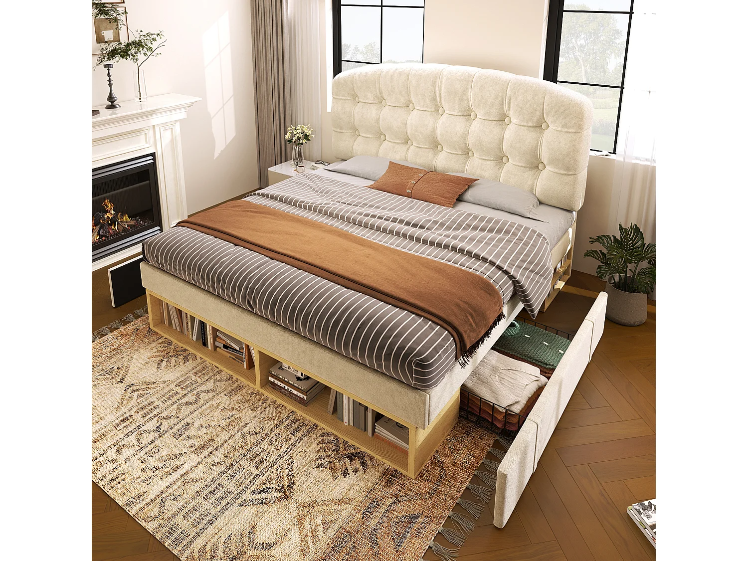 Lit simple 90x200 cm avec tiroirs et rangements, tête de lit réglable, en velours, beige, sans matelas