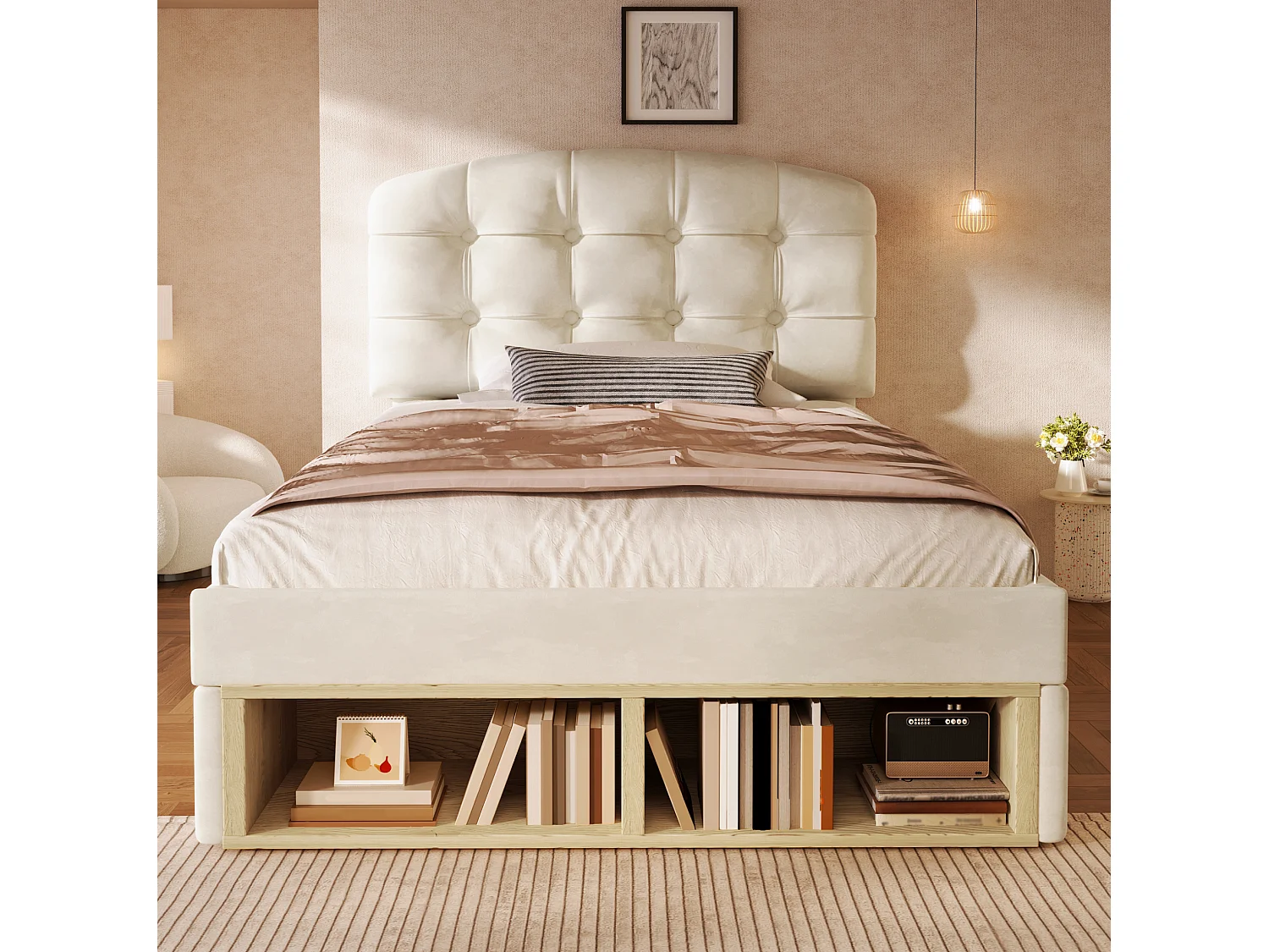 Lit simple 90x200 cm avec tiroirs et rangements, tête de lit réglable, en velours, beige, sans matelas