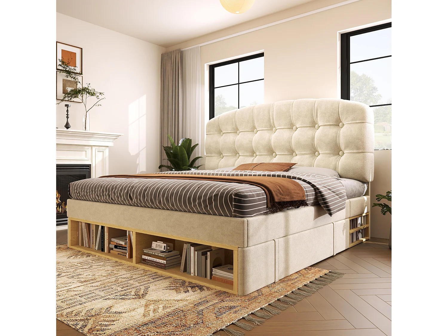 Lit simple 90x200 cm avec tiroirs et rangements, tête de lit réglable, en velours, beige, sans matelas