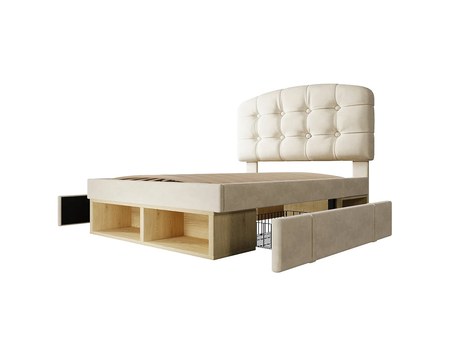 Lit simple 90x200 cm avec tiroirs et rangements, tête de lit réglable, en velours, beige, sans matelas
