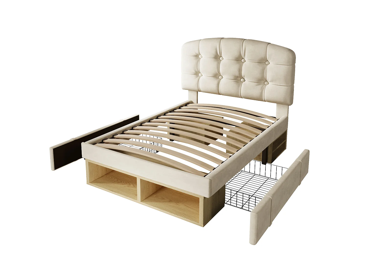 Lit simple 90x200 cm avec tiroirs et rangements, tête de lit réglable, en velours, beige, sans matelas