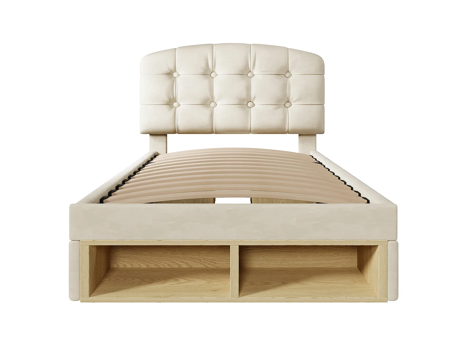 Lit simple 90x200 cm avec tiroirs et rangements, tête de lit réglable, en velours, beige, sans matelas