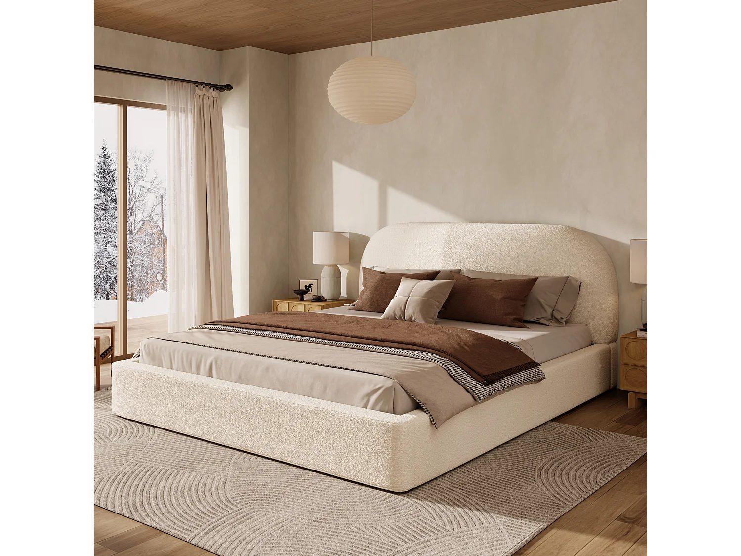 Lit adulte 180x200 cm avec sommier à lattes, tête de lit rembourrée, en tissu, beige, sans matelas