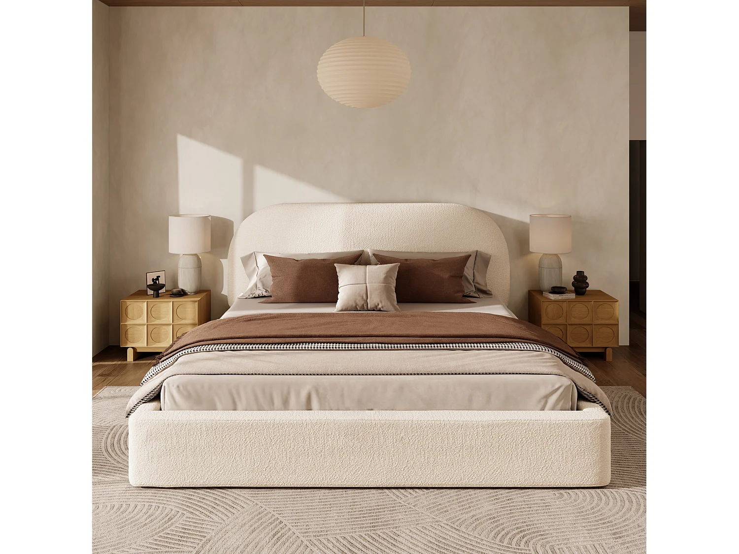 Lit adulte 180x200 cm avec sommier à lattes, tête de lit rembourrée, en tissu, beige, sans matelas