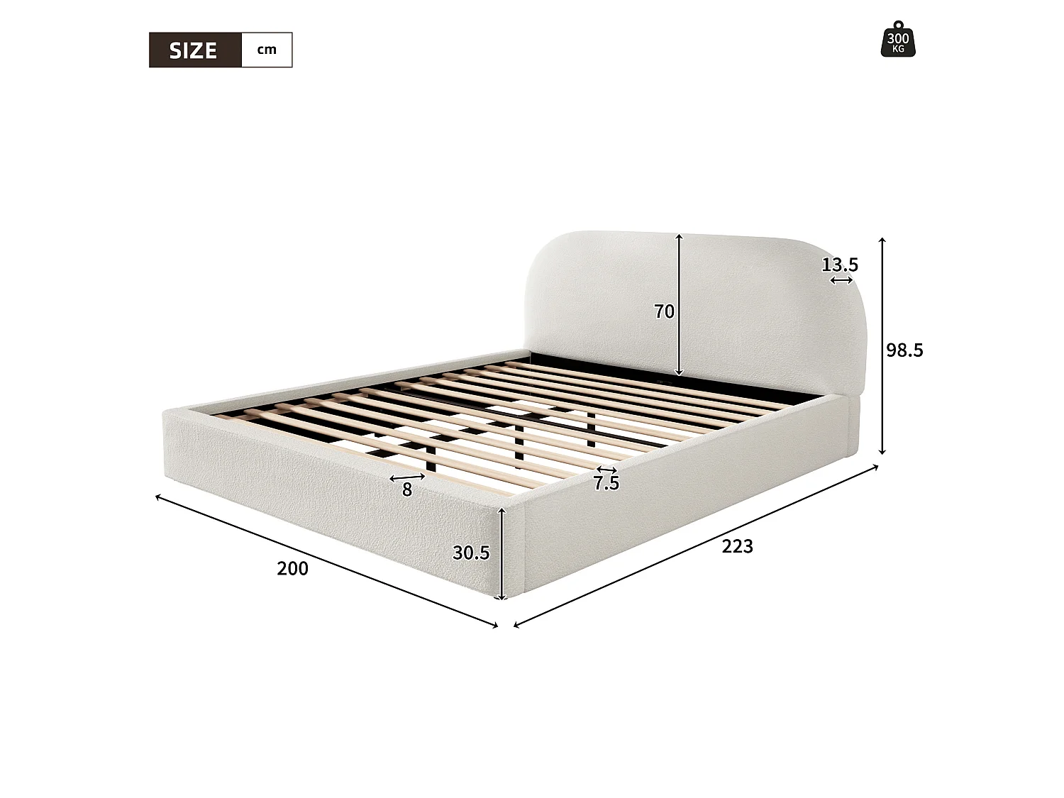 Lit adulte 180x200 cm avec sommier à lattes, tête de lit rembourrée, en tissu, beige, sans matelas