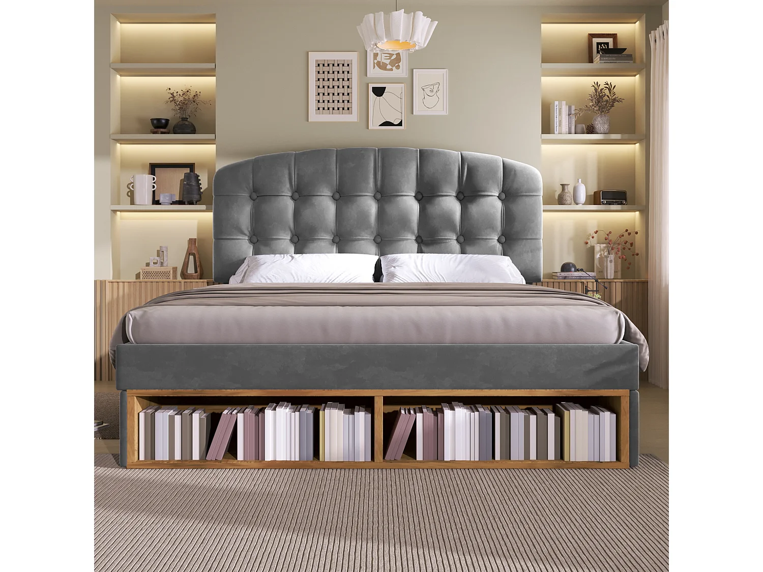Lit adulte 140x190 cm avec tiroirs et rangements, tête de lit réglable, en velours, gris, sans matelas