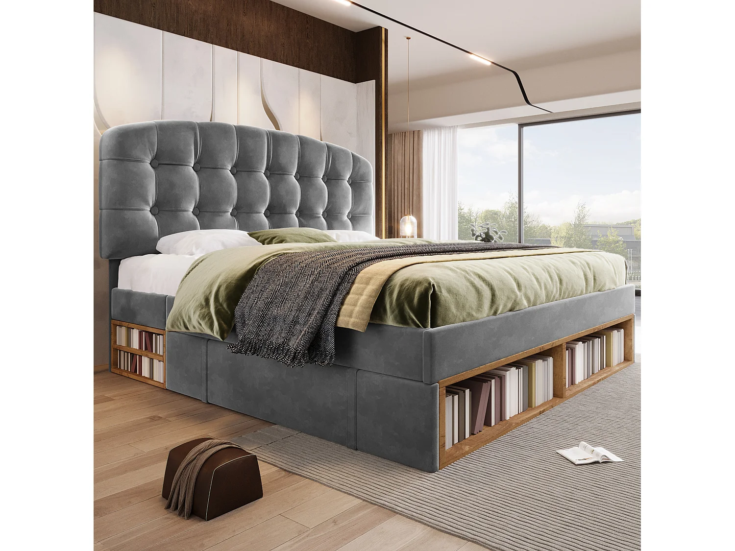 Lit adulte 140x190 cm avec tiroirs et rangements, tête de lit réglable, en velours, gris, sans matelas