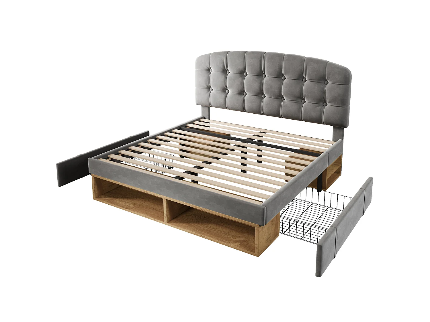 Lit adulte 140x190 cm avec tiroirs et rangements, tête de lit réglable, en velours, gris, sans matelas