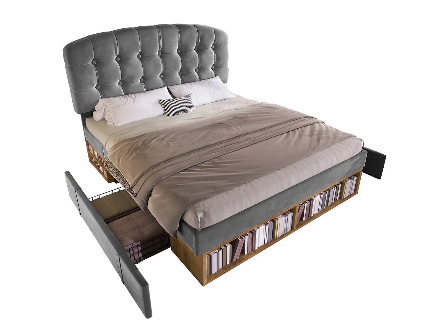 Lit adulte 140x190 cm avec tiroirs et rangements, tête de lit réglable, en velours, gris, sans matelas