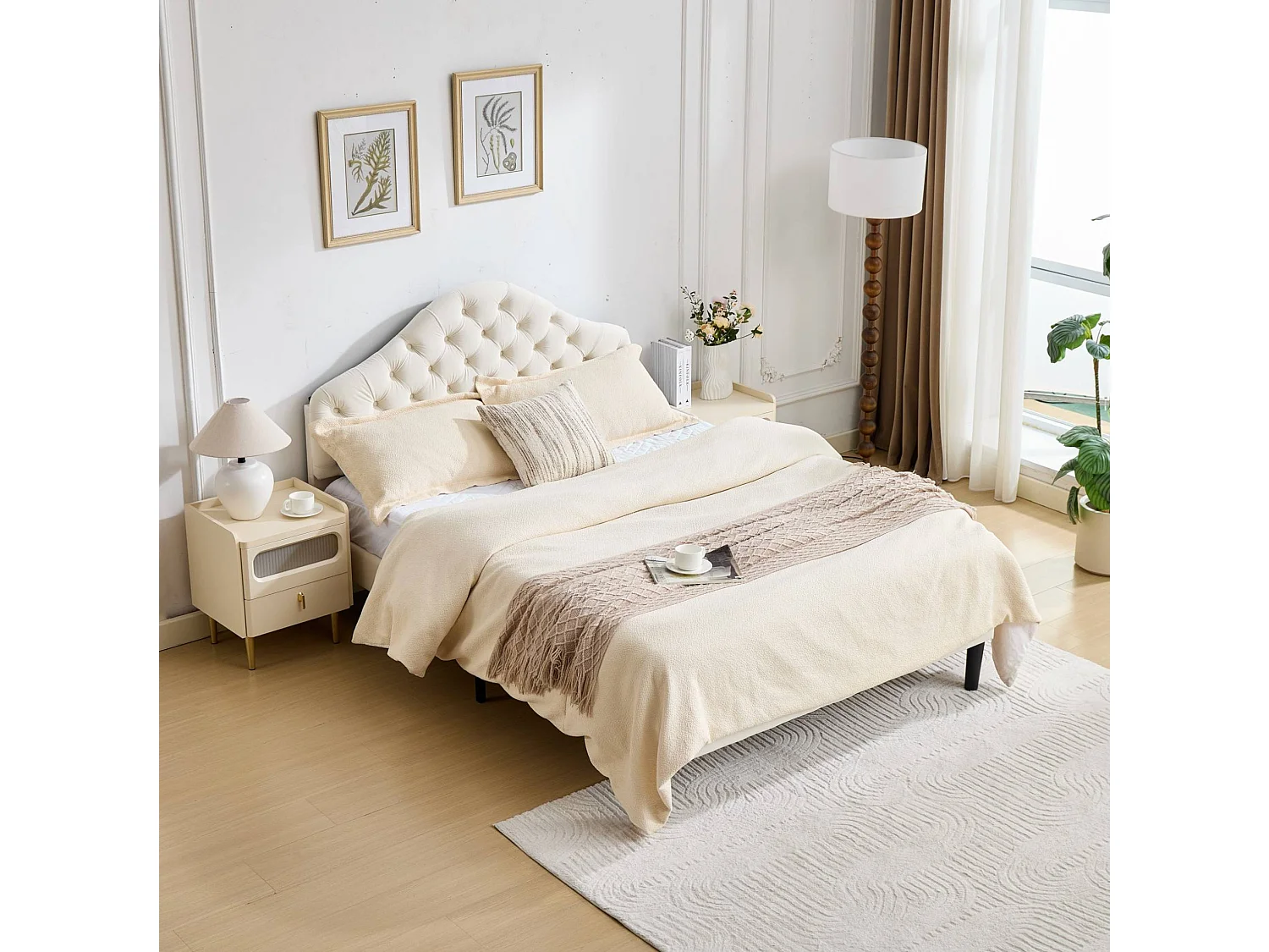 Lit adulte 140x200 cm avec tête de lit réglable, sommier à lattes en bois, en velours, beige, sans matelas