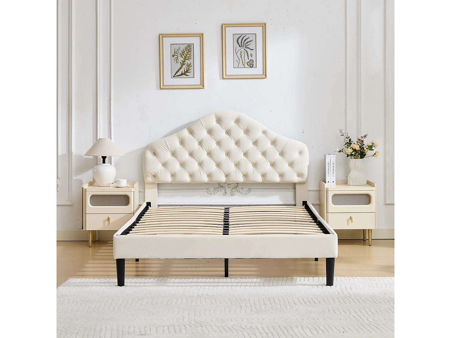 Lit adulte 140x200 cm avec tête de lit réglable, sommier à lattes en bois, en velours, beige, sans matelas