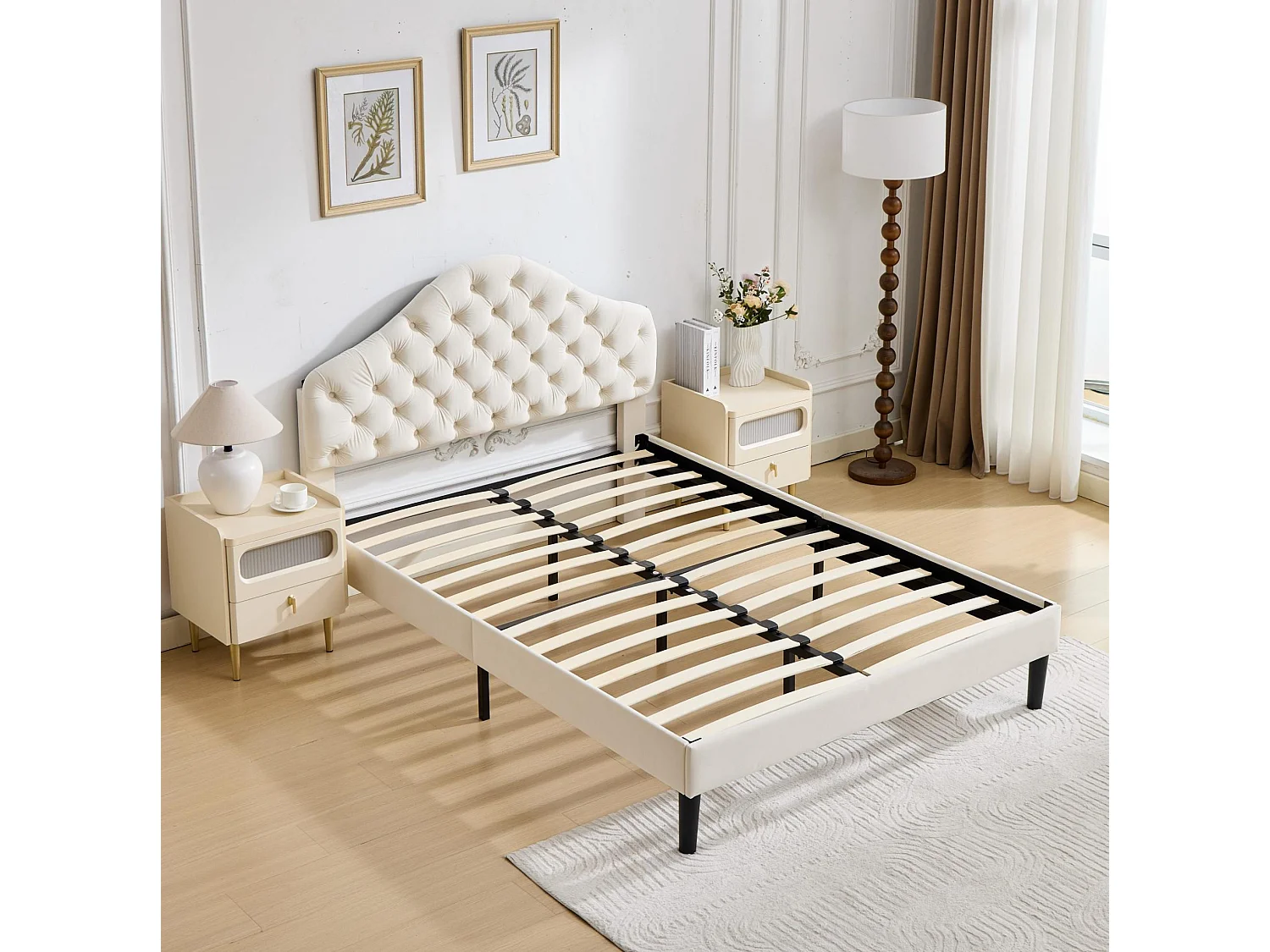 Lit adulte 140x200 cm avec tête de lit réglable, sommier à lattes en bois, en velours, beige, sans matelas