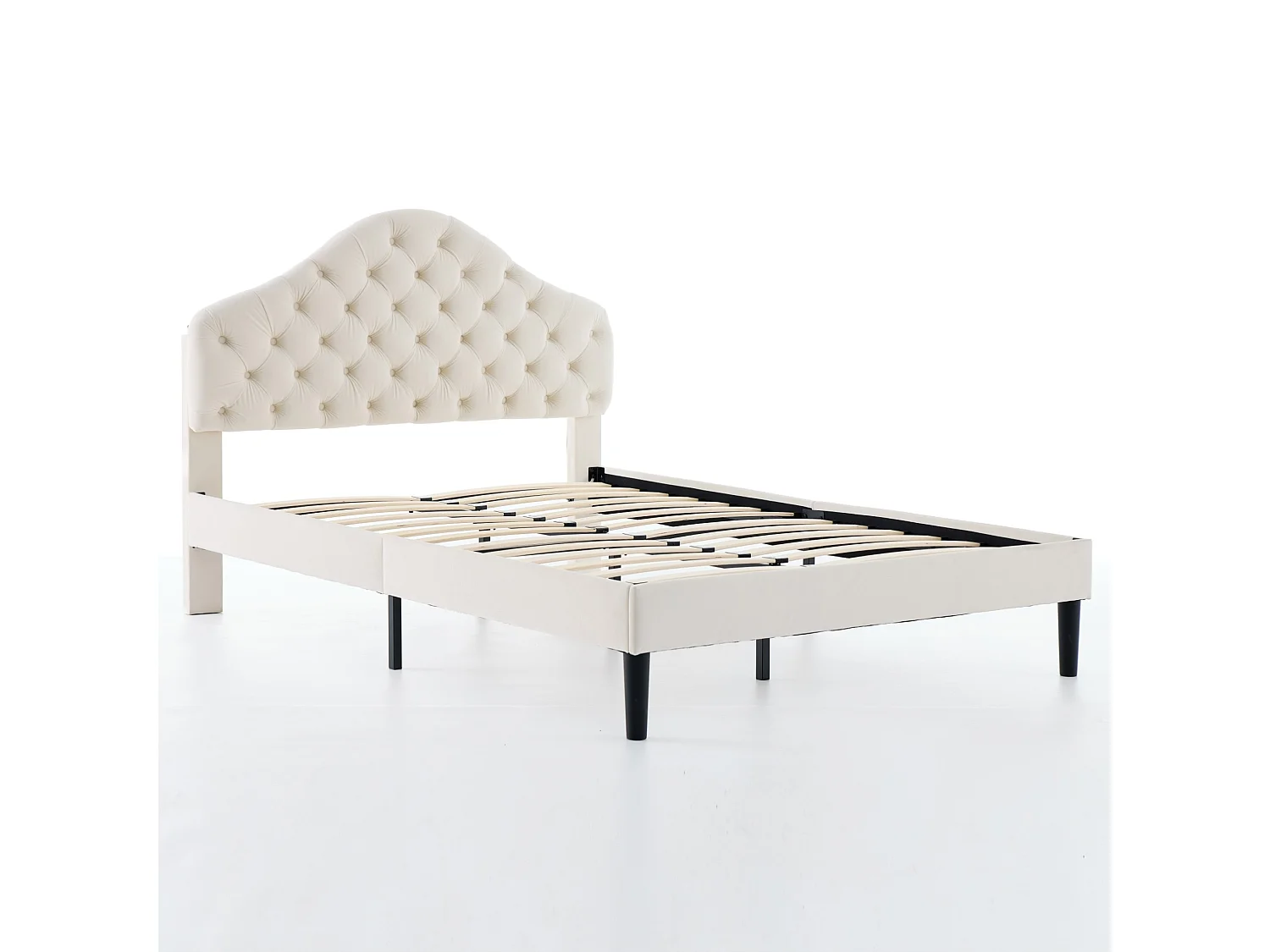 Lit adulte 140x200 cm avec tête de lit réglable, sommier à lattes en bois, en velours, beige, sans matelas